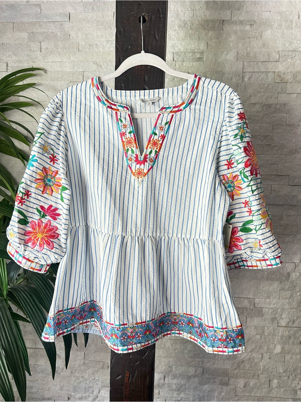 John Mark White & Blue Stripe Top with Vibrant Floral Embroidery Size M New Tags
